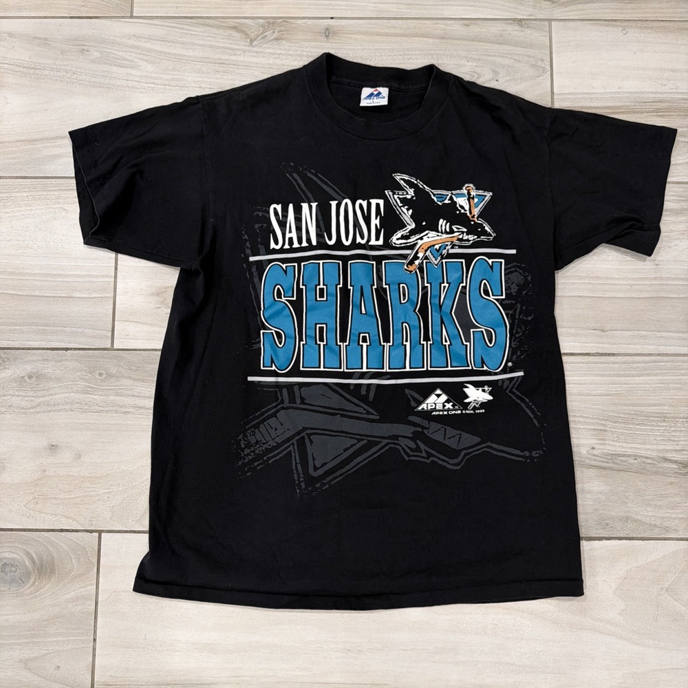 Vtg 90s San Jose Sharks T Shirt Big Graphic NHL Hockey 1993 Apex One Large L